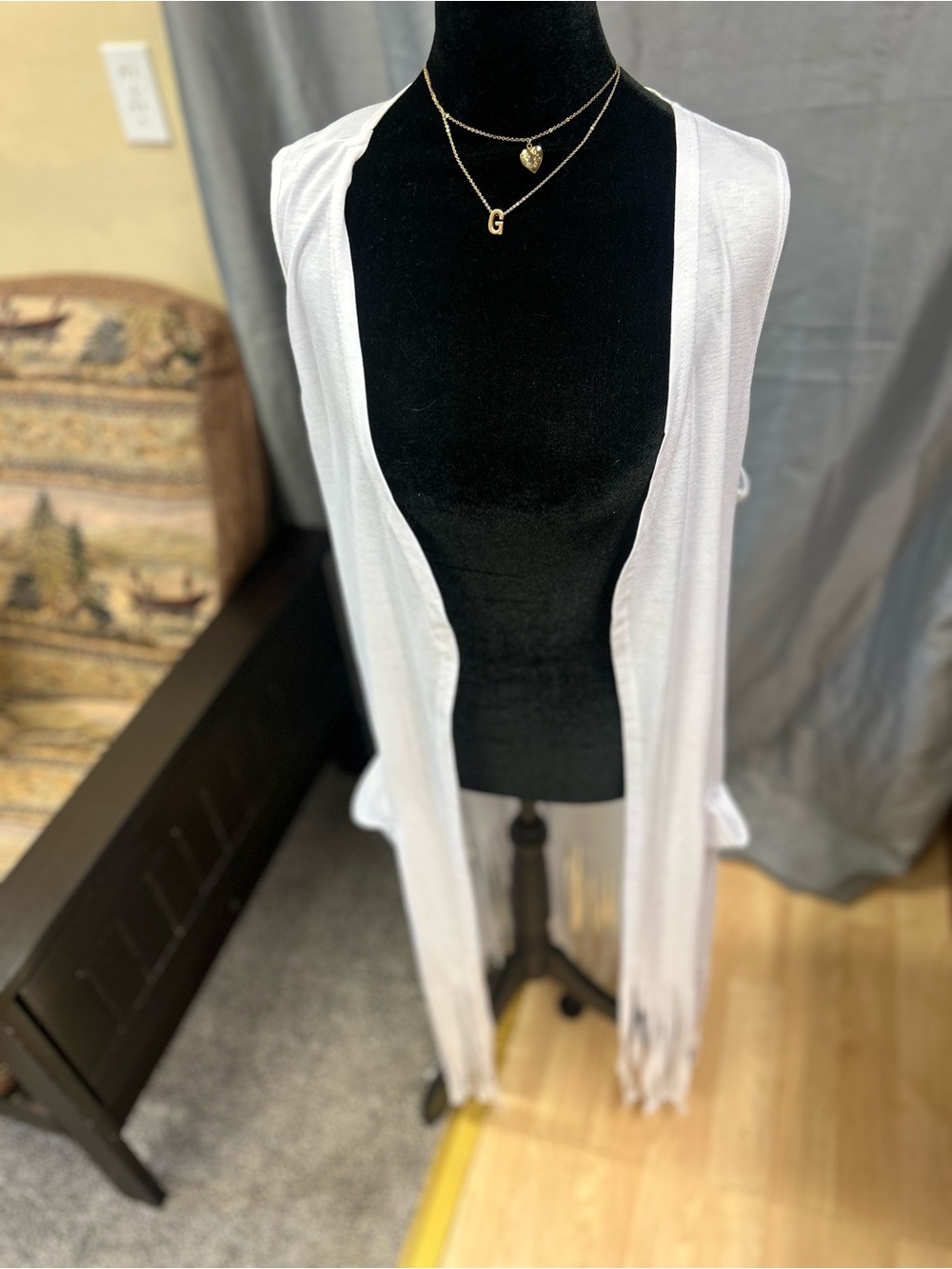 Lightweight White Fringe Sleeveless Duster Vest with fringe bottom